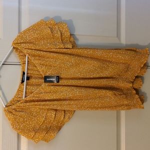 Express rayon shirt size large yellow with pink and white dots